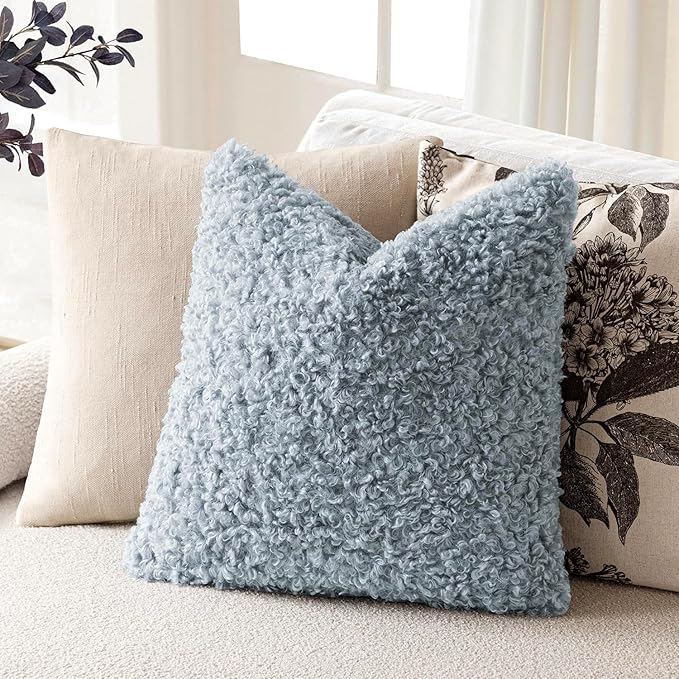 Foindtower 2 Pieces 24x24 Inch Misty Blue,Faux Fur Throw Pillow Cover Accent Sherpa Furry Pillow Covers Fuzzy Soft Pillowcases Cozy Sheepskin Decorative Fleece Cushion Case for Bed Couch Living Room