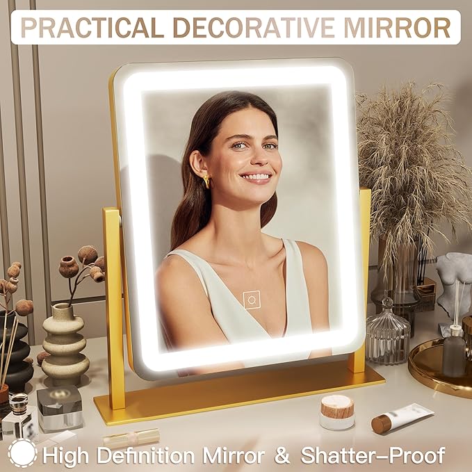 ROLOVE Gold Vanity Mirror with Lights, 15"x13" Lighted Makeup Mirror with Smart Touch, 3-Color Dimmable Lighting, 360° Rotation, Tabletop Mirror for Desk or Bedroom