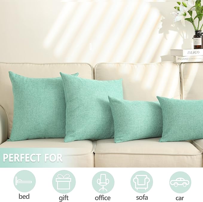 Stellhome Burlap Throw Pillow Covers Solid Farmhouse Linen Pillowcase for Bed Couch Sofa Bench, Set of 2, 24 x 24 inch (60 x 60 cm), Green