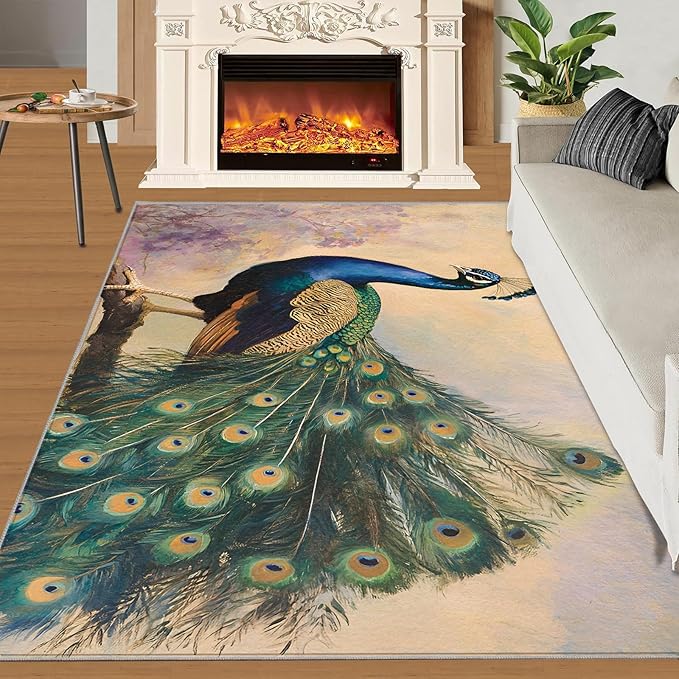 Peacock 4x5 Area Rugs for Living Room, Classic Animal Washable Non Slip Rugs, Gorgeous Feathers Low Pile Print Rug for Bedroom, Dining Room, Home Office