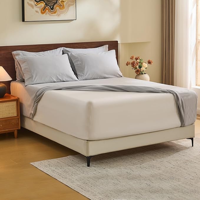 MEISHANG 100% French Pure Linen Sheets King Size - Extra Deep Pocket Sheet Set, Soft Durable Flax Linen, Anti-Tear Breathable & Oeko-Tex Certified 18-24 Deep Pocket,All Season(Silver Grey)