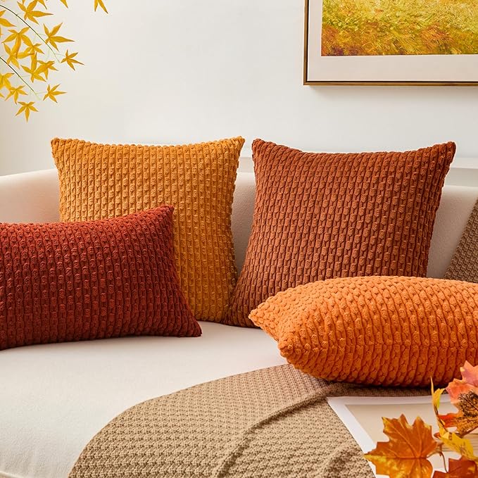 Kevin Textile Fall Throw Pillow Covers Soft Corduroy Decorative Set of 2 Boho Striped Pillow Covers Pillowcases Farmhouse Home Decor for Couch Bed Sofa Living Room 18x18 Inch Orange Yellow