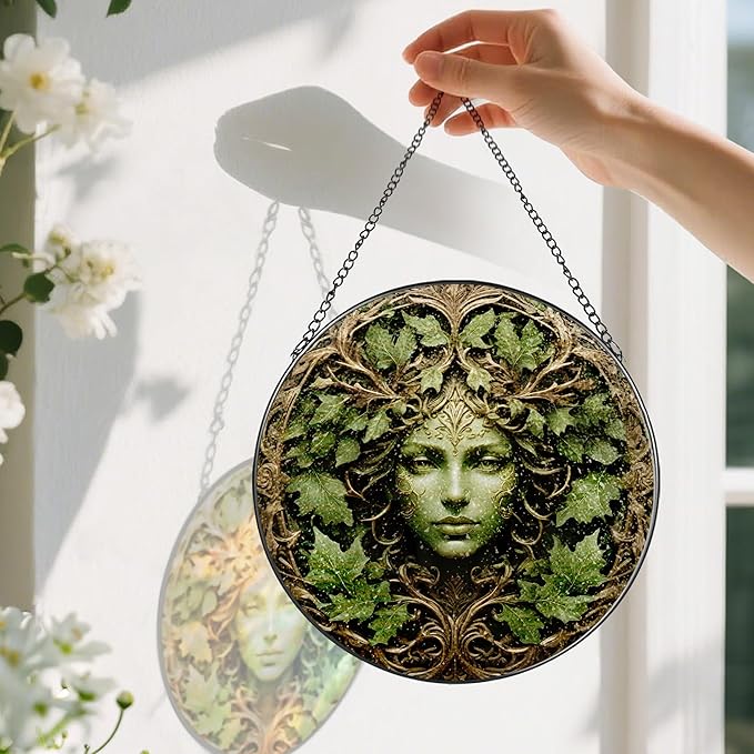 Green Man Stained Glass Suncatcher, Stained Glass Window Hanging, 8 Inch Window Decor Hanging, Gift for Garden Lovers, Mothers Day Birthday Gifts for Mom Grandma Women Sister Wife Lady Lover