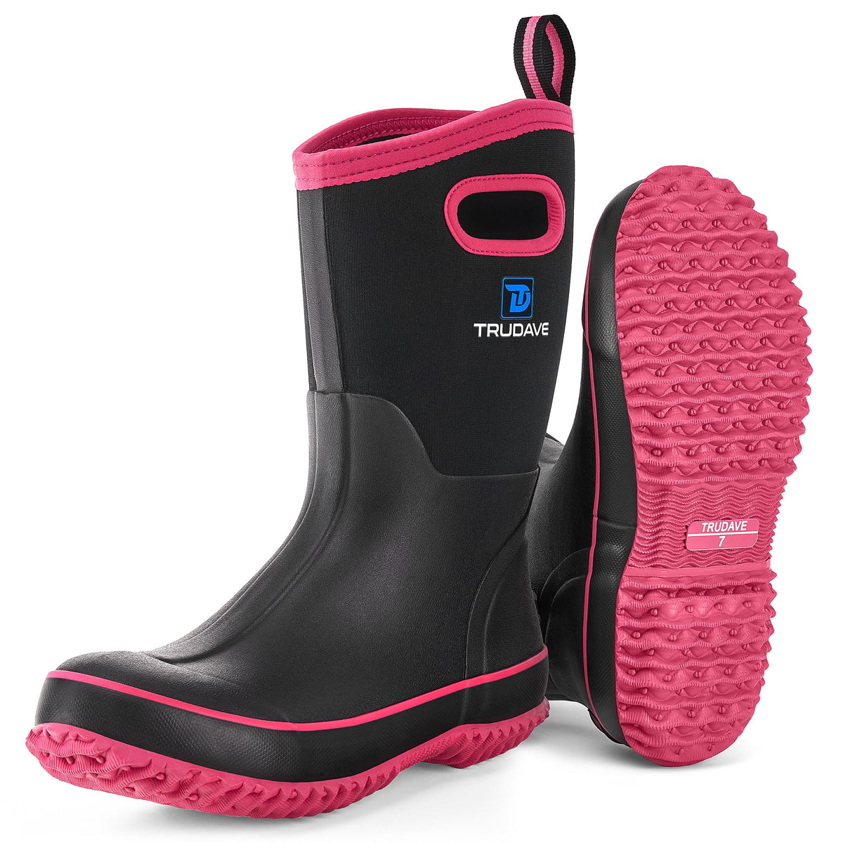 Trudave Rubber Boots for Women, Mid Calf Rain Boots, Womens Waterproof Boots, Neoprene Insulated Outdoor Work Mud Boots for Hunting Farming Gardening Fishing, Pink, Size 10