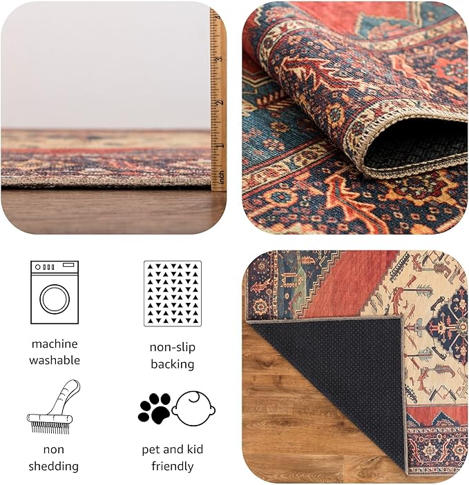 Keen Home Design 6x9 Rug - Machine Washable Area Rug with Non-Slip Backing, Ideal for Living Room, Dining Room, Bedroom - Vintage, Easy Clean, Durable, Low Pile Rug - (6' x 9')