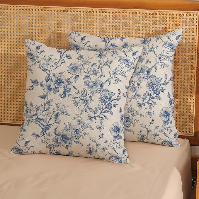 Blue Pillow Covers 16x16 Set of 2 Blue and Cream Floral Chinoiserie Throw Pillows Vintage Rustic Toile Flower Decorative Pillow Cases Outdoor Chinoiserie Decor Cushion Case for Couch Bed Sofa