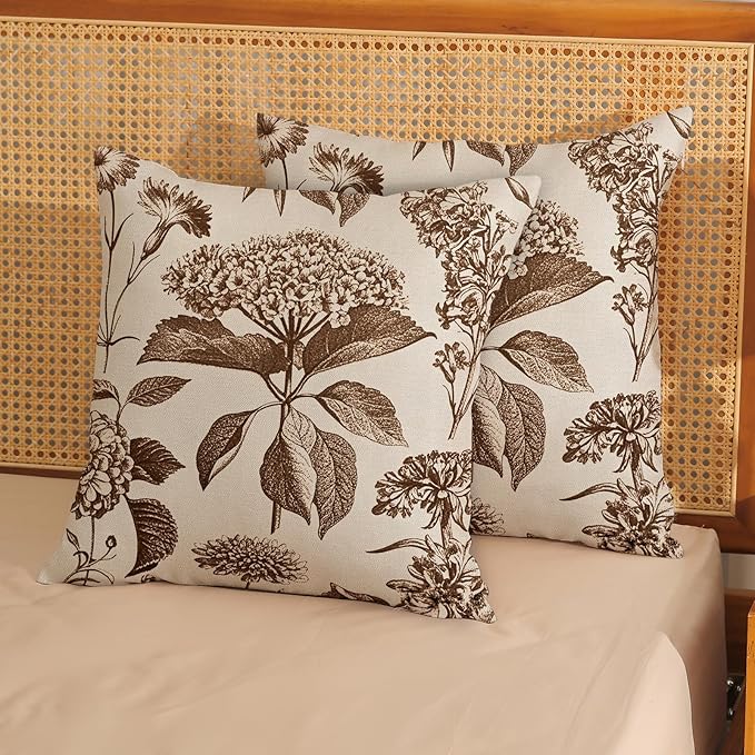 Brown Pillow Covers 20x20 Set of 2 Vintage Boho Floral Hydrangea Herbs Botanical Throw Pillow Cover Outdoor Flower Decorative Pillowcase Linen Farmhouse Cushion Case Decor for Couch Sofa