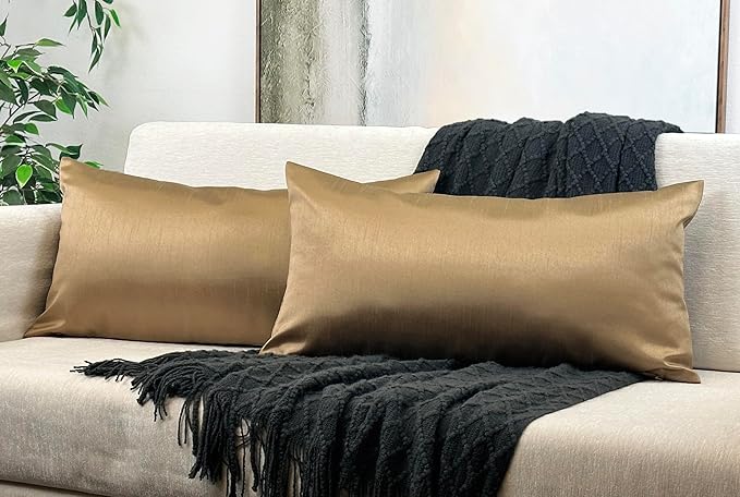 Aiking Home Collection 12x24 Inches Faux Silk Rectangular Throw Pillow Cover, Zipper Closure, Brass (Set of 2)