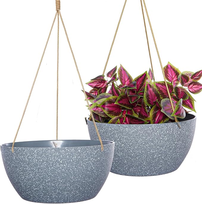 12 Inch 2 Pack Large Hanging Planters for Indoor Outdoor Plants, Plastic Hanging Basket Pots for House Plants Flowers, Grey