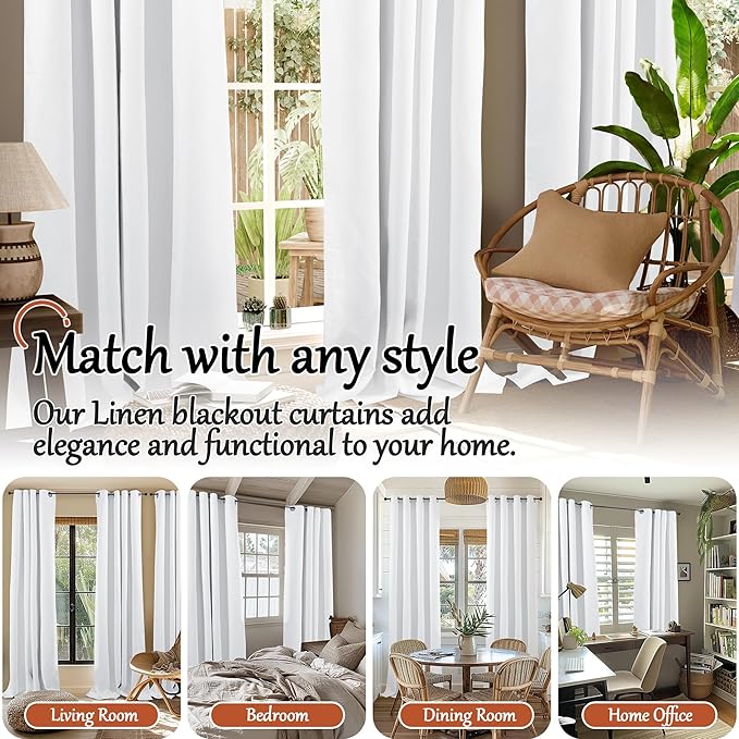 Lajode White Blackout Curtains for Living Room 90 Inch Length 2 Panels Set, Thermal Insulated Black Out Privacy Soundproof Grommet Farmhouse Linen Window Curtains for Bedroom Darkening, Each 52”Wide