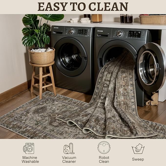 Tangsoo 2.6x8 Washable Runner Rug for Hallways, Non Slip Vintage Runner Rug, Soft Low Pile Long Rug Runner, Print Carpet Runners for Kitchen Bedroom Entryway Bathroom Living Room Grey