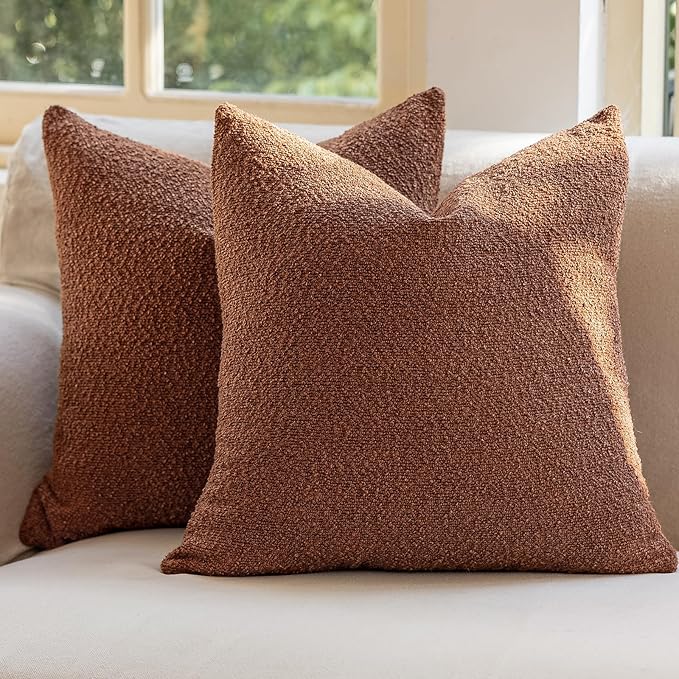 GEEORY Decorative Throw Pillow Covers 22x22 Inch Pack of 2,Textured Boucle Neutral Cushion Cases for Bed Couch Sofa, Accent Mordern Farmhouse Minimalist Home Decor (Tobacco Brown) GE06-22