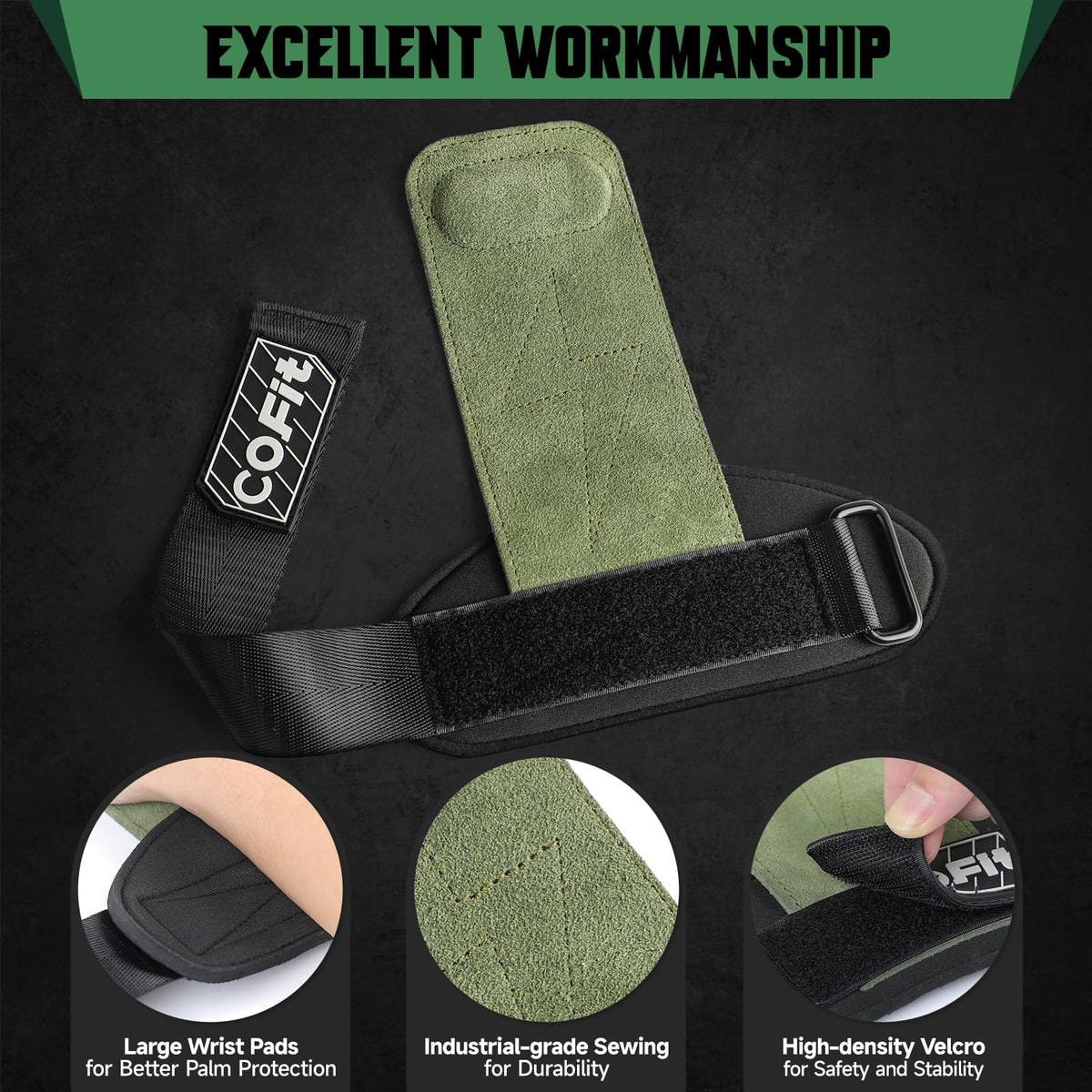 COFIT Wrist Straps for Weightlifting, Workout Wrist Wraps with Dual-Layer Oxford Leather, Enhanced Grip for Optimal Hand and Wrist Protection, Gym Lifting Straps for Deadlift and Powerlifting - Green