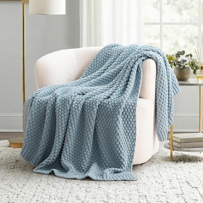 EVERGRACEHOME Chunky Chenille Knit Throw Blanket for Couch, Soft Luxurious Moss Stitch Blankets for Bed, Cozy Decorative Farmhouse Knitted Throws for Sofa, Chambray Blue, 50" x 60"