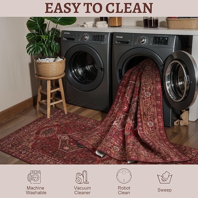 Tangsoo 2.6x8 Washable Runner Rug for Hallways, Non Slip Vintage Runner Rug, Soft Low Pile Long Rug Runner, Print Carpet Runners for Kitchen Bedroom Entryway Bathroom Living Room Dark Red