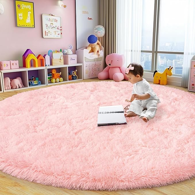 Round Fluffy Rugs 6Ft for Girls Bedroom, Pink Shag Circle Kids Rug Non-Slip for Bedside Dorm Nursery Playroom, Soft Cute Area Rugs for Living Room Decor