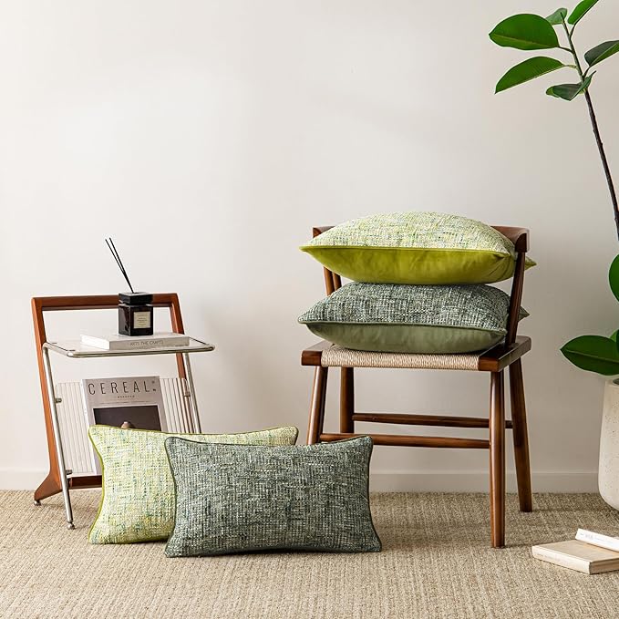 a moment Green Reversible Pillow Covers 2 Pack - Farmhouse Chenille Throw Pillows, Neutral Textured Decorative Throw Pillow Covers with Border for Couch Sofa Bed (12x20 Inch, No Insert)