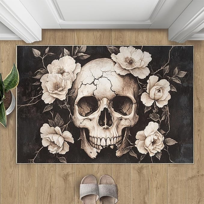 Skull Washable Rugs 5x6 Rug for Living Room, Floral 5x6 Rug Gothic Low-Pile Carpet for Bedroom Dining Non Slip Mat with Rubber Back