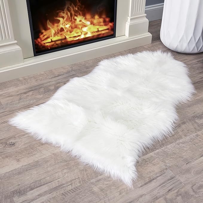 Walk on Me White Faux Fur Sheepskin Rug - Ultra Soft, Super Thick, Fluffy, Washable 2x3 Feet Pelt for Living Room, Bedroom, Office - Acrylic, Latex Backing, Non-Slip