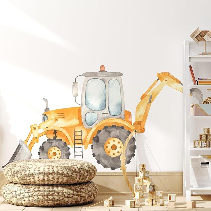 Construction Tractor Backhoe Loader Wall Decal for Boys Room, Construction Eqipment Peel Stick Removable Fabric Wall Sticker, Nursery or Playroom Decor, Repositionable (48 inch: 27" Tall x 48" Wide)