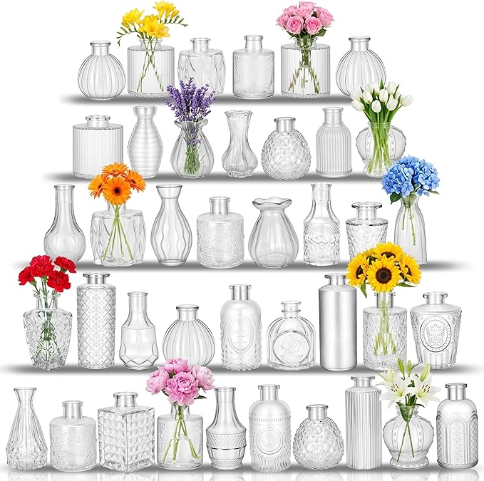 Glass Bud Vases in Bulk Set of 40, Transparent Clear Variable Small Mini Glass Vases for Centerpieces, Crystal Vintage Vase for Flowers,Wedding, Table Decor, Baby Shower, Christmas, Home and Events