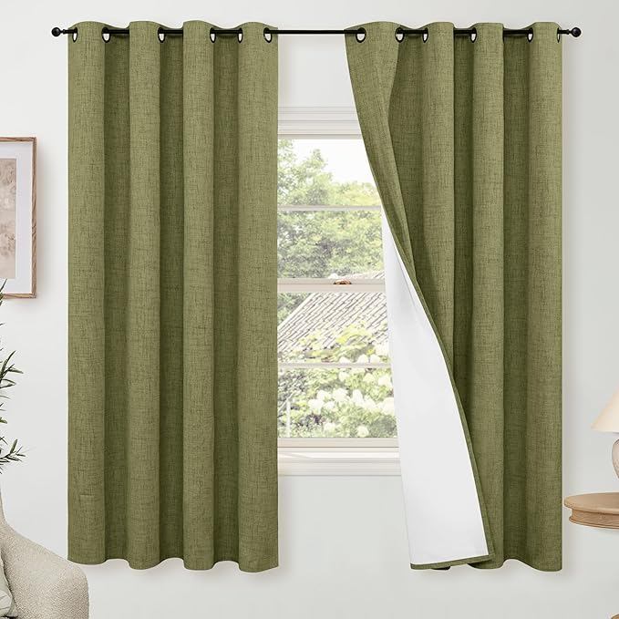 Lajode 100% Linen Blackout Curtains for Bedroom Living Room 45 Inch Long 2 Panels, Thermal Insulated Light Blocking Soundproof Curtains, Noise Reducing Window Drapes 52x45 Inch 2 Panels, Olive Green