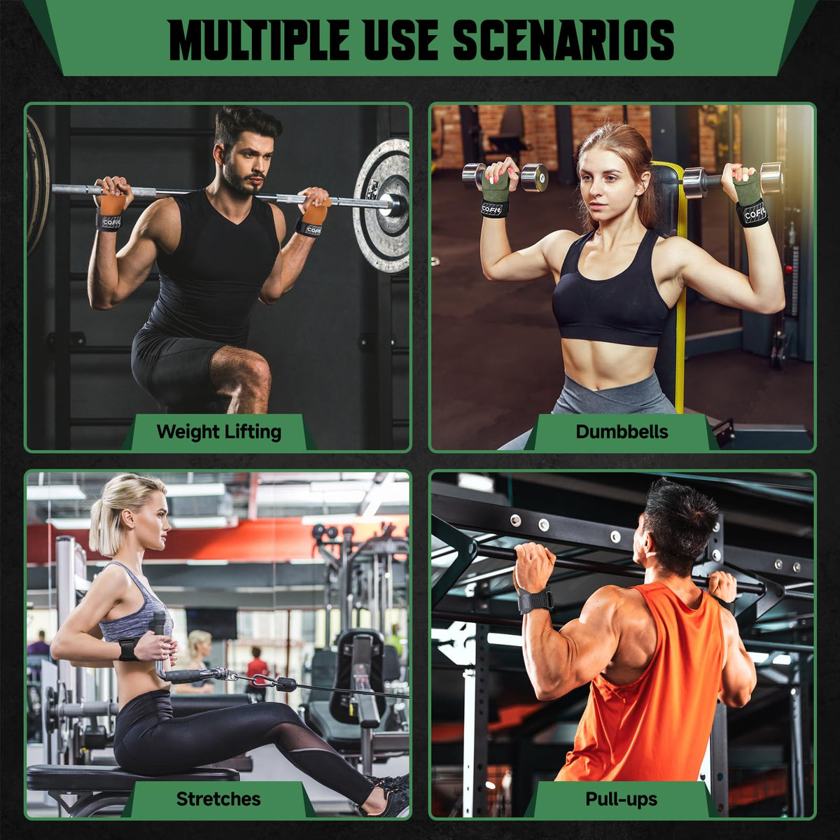 COFIT Wrist Straps for Weightlifting, Workout Wrist Wraps with Dual-Layer Oxford Leather, Enhanced Grip for Optimal Hand and Wrist Protection, Gym Lifting Straps for Deadlift and Powerlifting - Green