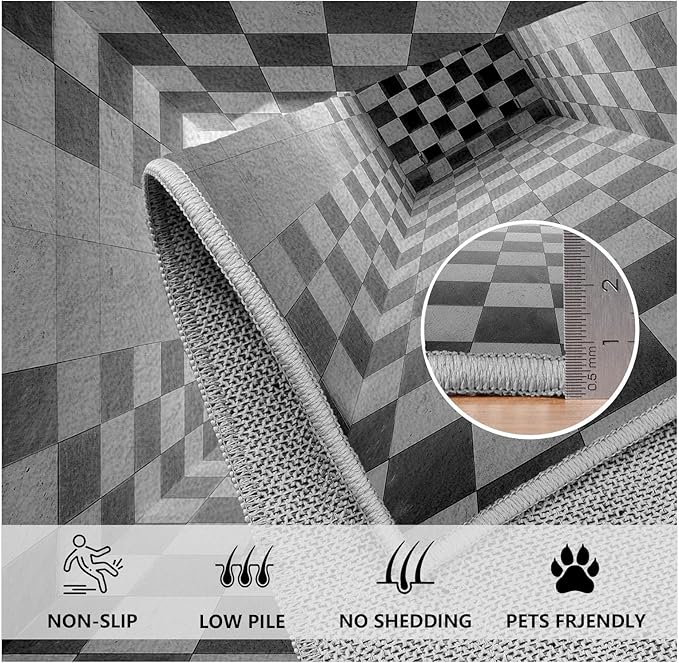 3D Rug 5x8, Plaid Soft Ultra Soft Faux Wool Low Pile Optical Illusion Rug, Indoor Floor Mats Abstract Geometric Carpet, Non-Slip Stain Resistant Washable Rugs, Modern Gray Rugs for Living Room