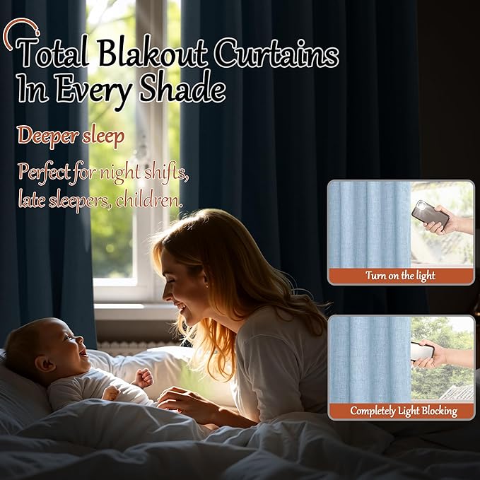 Baby Blue Linen Blackout Curtains for Nursery 84 Inch Length 2 Panels Set, Thermal Insulated Boho Total Black Out Noise Reducing Bonzer Grommets Window Curtains for Kids Bedroom, Each 60 Inch Wide