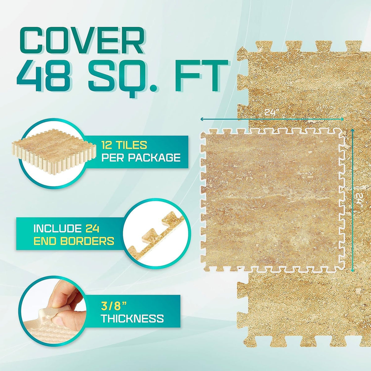Yes4All EVA Interlocking Mats, Puzzle Floor Tiles, Foam Floor Padding with Border for Furniture, Home Space, Living Room, Garage 48 SQFT