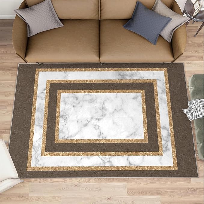 Marble Texture Area Rugs Rectangular Geometric Rug Gray White Marble Carpet Luxury Rug with Gold Accents Modern Minimalist Geometric Rugs for Bedroom Living Room 3x4ft