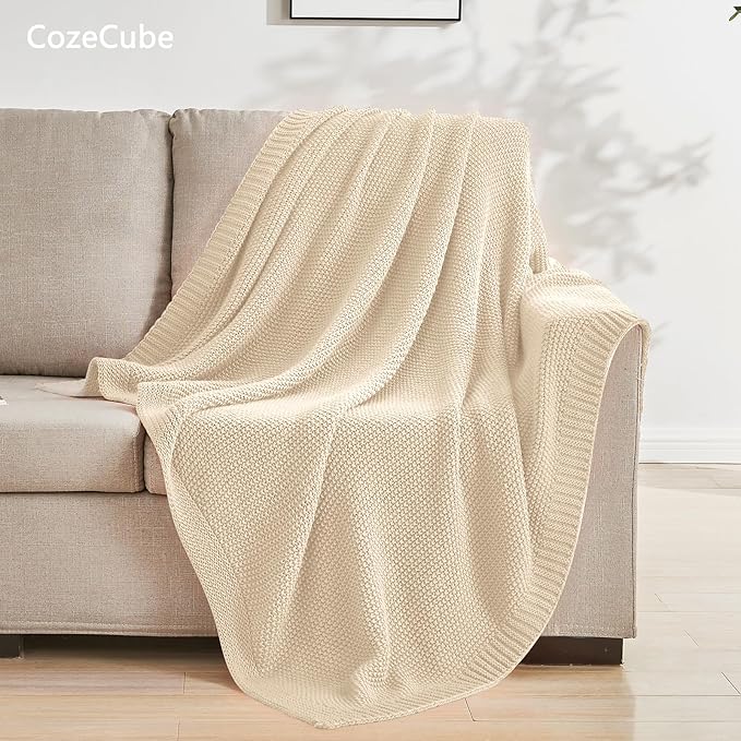 CozeCube Beige Throw Blanket for Couch, Soft Cozy Cable Knit Throw for Bed Sofa Living Room, Lightweight Warm Decorative Farmhouse Christmas Blanket, 50"x60", Light Beige