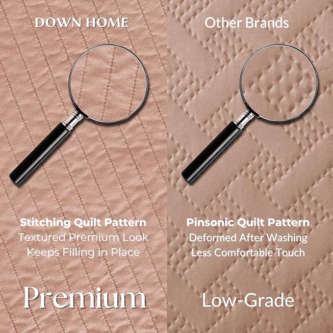 DOWN HOME Twin Quilt Bedding Set with Sham, Vintage Washed Soft Quilted Blanket Thin Comforter Lightweight Bedspread Coverlet Bed Cover, Brushed Microfiber Stripe Stitching, Desert Blush, 66"x92"