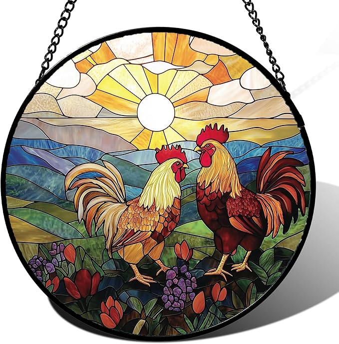 Stained Glass Window Hanging, Countryside Scenery Chicken Sun Catcher for Door Home Decor Sunrise Suncatcher Christmas Mother's Day Birthday Gifts for Women Men Mom Nana 11.8 in