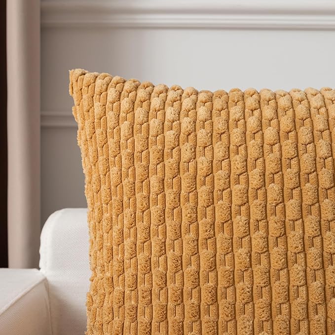 Kevin Textile Throw Pillow Covers Soft Corduroy Decorative Set of 2 Boho Striped Pillow Covers Pillowcases Farmhouse Home Decor for Couch Bed Sofa Living Room 12x20 Inch Gold