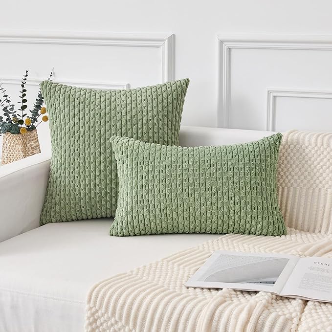 Kevin Textile 24x24 Pillow Covers 2 Packs Decorative Throw Pillow Covers with Stripe Pattern Spring Super Soft Corduroy Square Solid Cushion Cover for Couch Sofa Bedroom Living Room Sage Green