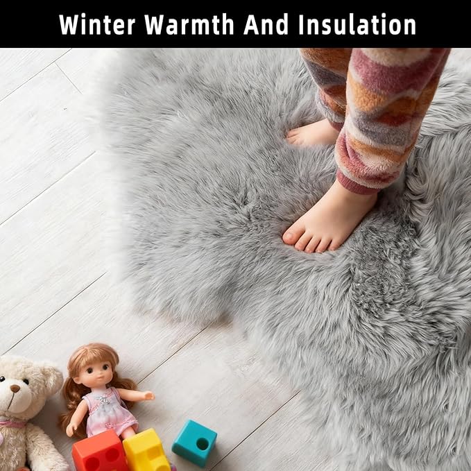 Grey Faux Fur Sheepskin Area Rug for Living Room Bedroom, 4 x 6 Feet Ultra Soft Shaggy Fuzzy Furry Carpet Chair Throw Large Rugs for Kids, Girls, Nursery Room Decor Dorms