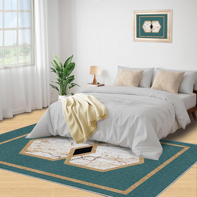 Jadeite Marble Area Rug Abstract Marble Texture Area Rugs for Living Room Light Luxury Stone Crack Carpet Gold Geometric Stripes Outdoor Carpet for Bedroom Living Room 7x8ft