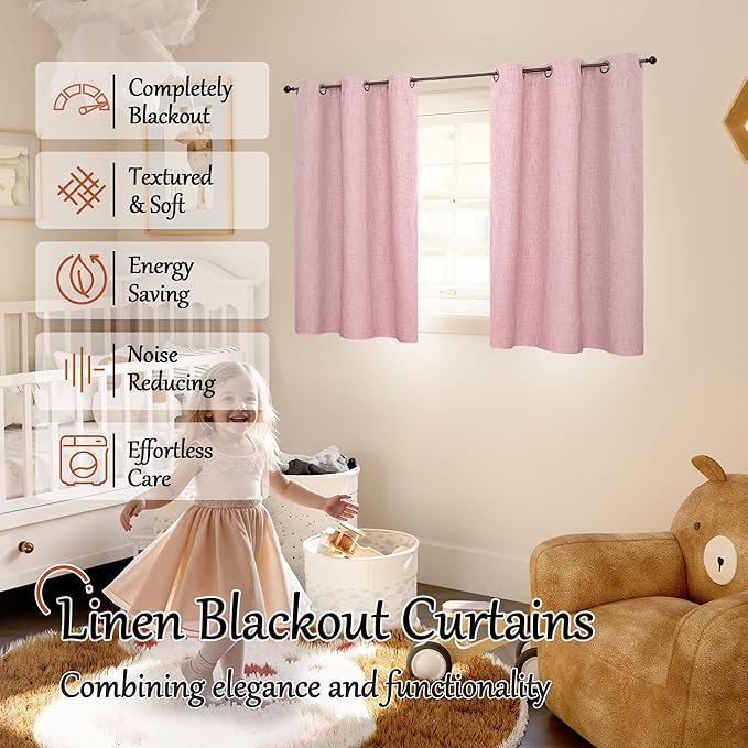 Lajode Baby Pink Linen Blackout Curtains for Nursery 45 Inch Length 2 Panels, Short Thermal Insulated Boho Total Black Out Noise Reducing Small Window Curtains for Girls Bedroom, Each 38 Inch Wide
