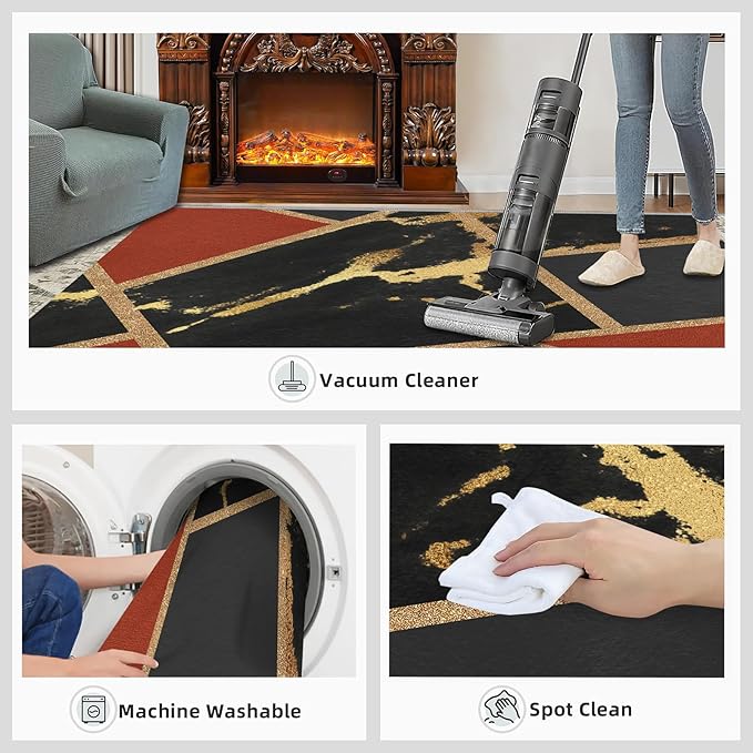 Black Gold Marble Area Rug Modern Abstract Marble Rug Polygonal Geometric Patchwork Carpet 3D Light Luxury Geometric Line Carpet for Living Room Playroom 5x6ft