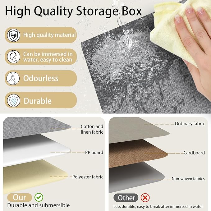 Yawinhe Fabric Storage Bins with Handles, Foldable Baskets for Shelves, Cubes with 3 Handles, Large Boxes for Clothes, Grey, 16.9''Lx11.8''Wx10.2''H, 4-Pack