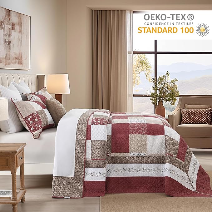 100% Cotton Oversized King Bedspread 128"x120" - Lightweight French Vintage Country Quilt - 3 Piece Super King Bedspreads Coverlet Set - Reversible Plaid Floral Bedding in Burgundy/Beige/Taupe/White