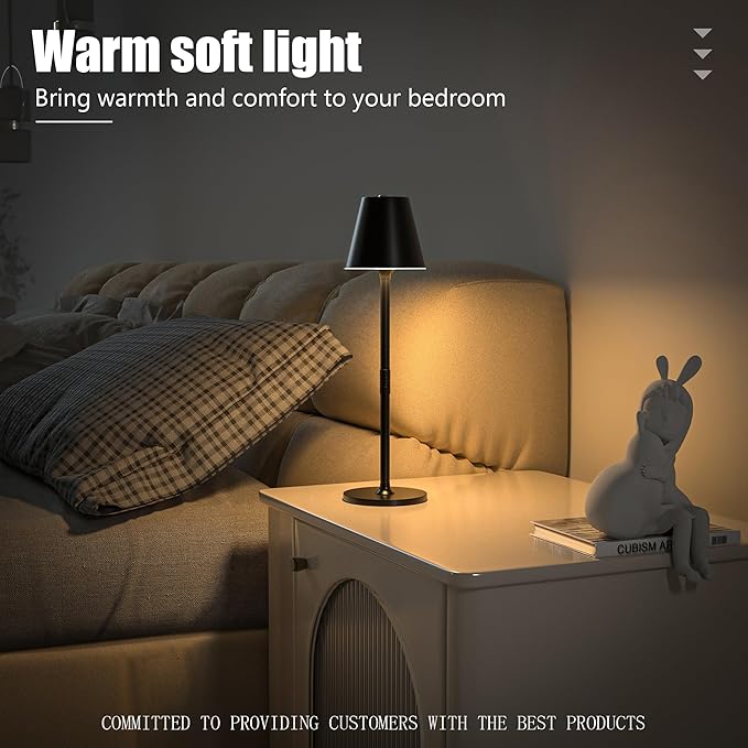 Modern LED Cordless Table Lamp, 4000mAh Rechargeable Battery, 3 Level Brightness Night Light, Metal Shell, Minimalist Design, for Couples Dinner/Coffee Table/Restaurant/Bedroom, Black