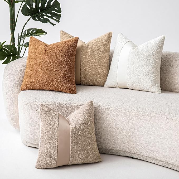 20"x20" White Boucle Throw Pillow Covers with Faux Leather Accents Set of 2 Fluffy Textured Decorative Pillow Cases for Couch Bed Boho Farmhouse Square Cushion Covers for Nordic Home Décor