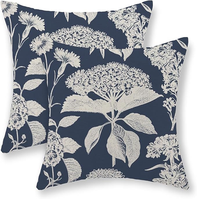 Blue Pillow Covers 16x16 Set of 2 Boho White Floral Throw Pillows Hydrangea Herbs Botanical Decoration Pillowcase Linen Farmhouse Vintage Flower Cushion Case Outdoor Decorative for Couch Sofa