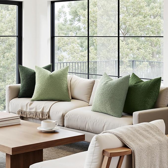 MIULEE Pack of 4 Decorative Sage Green Textured Boucle Spring Throw Pillow Covers 18x18 Inch Forest Green Accent Solid Pillow Cases Soft Couch Cushion for Modern Farmhouse Boho Bed Room Home Decor