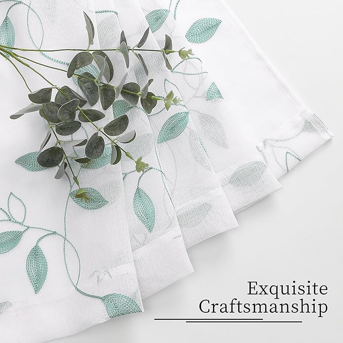 Tollpiz Teal Blue Leaf Sheer Tier Curtains Leaves Embroidered Kitchen Short Curtain Rod Pocket Voile Bathroom Curtains for Cafe, 30 x 24 inches Long, Set of 2 Panels