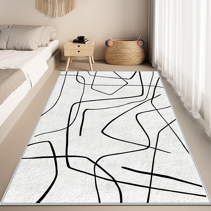 Black and White Rug - Abstract Area Rug, Black and White Rugs for Living Room, Modern Minimalist Washable Rugs, Contemporary Carpet Non Slip Home Decor, Curve 6x8