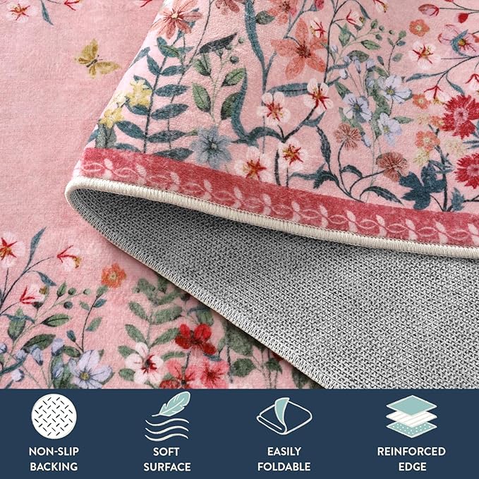 Lahome Boho Floral 2x6 Pink Bathroom Runner Rugs Non Slip Washable,Soft Runners for Hallways,Indoor Carpet Runner with Rubber Backing for Bedside Entryway Kitchen Laundry(Pink,2x6)