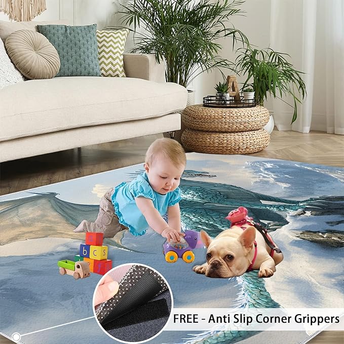 Dragon Area Rug 5x6 Washable Rug Fantasy Animals Rugs for Living Room Winter Landscape Non Slip Carpet Floral Print Mat Bedroom Bathroom